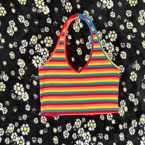 rainbow striped rib-knit halter top